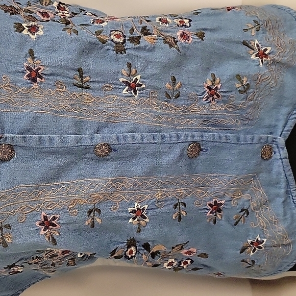 Vtg 80s TANTRUM BLUES Cottage Floral Embroidered Chambray Waistcoat Vest - Picture 5 of 8